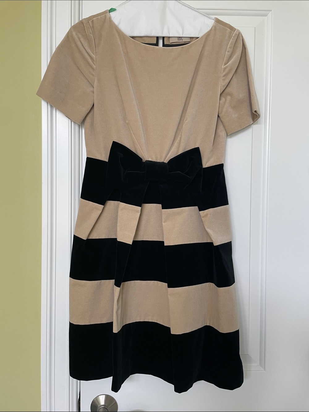 Orla Kiely Beige and Black Striped Velvet Bow Waist Dress